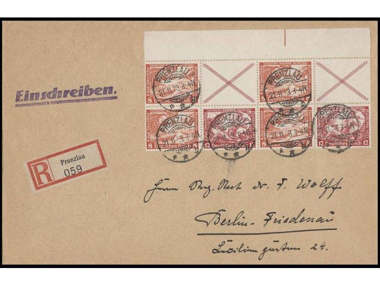 8+X, 2 Stück mit Zusatzfrankatur auf leicht überfrankiertem R-Brief von "PRENZLAU 21.11.33" nach Berlin mit Ankunftsstempel, 