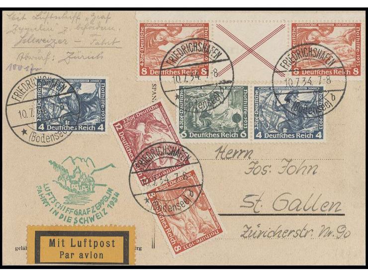 8+X+8 Pfg. mit 6+4 Pfg. und 12+8 Pfg. sowie weiterer 4 Pfg. auf portogerechter Karte der Zeppelin-Schweizfahrt nach St. Galle