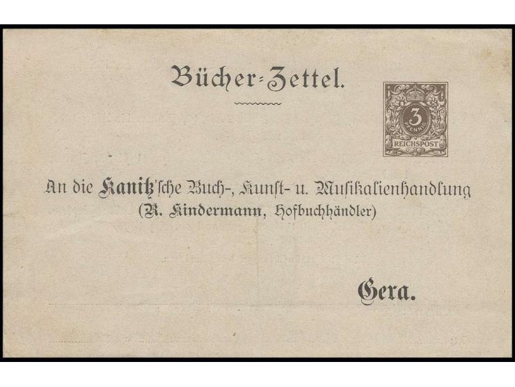 1880 (ca.), Privat-Ganzsachenkarte "Bücher-Zettel" der Kanitz'schen Buch-, Kunst- und Musikalienhandlung in Gera, ungebraucht