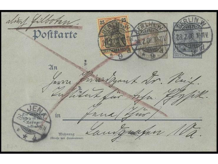 1908, Doppelkarte 3 Pfg. + 2 Pfg. ohne Wasserzeichen mit Zufrankatur 25 Pfg. als Eilboten-Karte von "BERLIN 28.2.08" mit viel