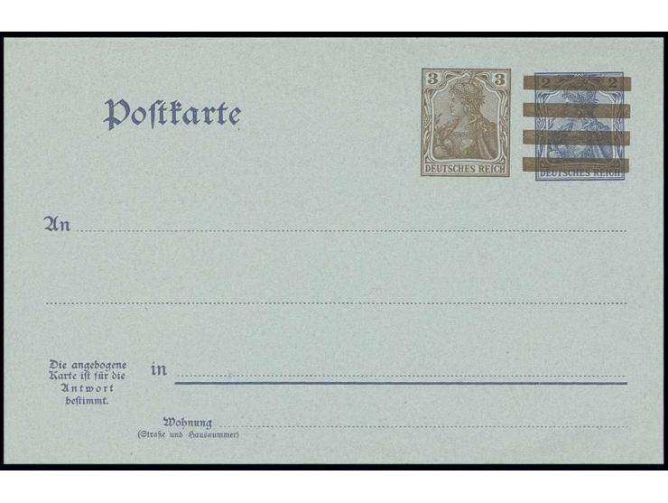 Doppelkarte 3 Pfg. + 2 Pfg. (durchbalkt) mit Wasserzeichen und Abart "Ohne Zwischenraum zwischen 1. und 2. Zeile der Bemerkun