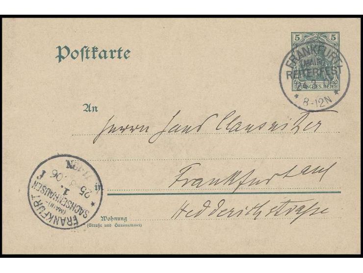 1906, "FRANKFURT (MAIN) REITERFEST 24.3.06", klarer Abschlag auf Ganzsachenkarte 5 Pfg. von Wohlfahrtsveranstaltung zugunsten