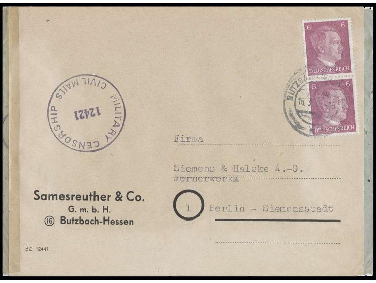 Hitler 6 Pfg. (Paar) auf doppelt verwendetem Firmenbrief von "BUTZBACH 16.3.45" nach Berlin-Siemensstadt mit US-Zensur (12421