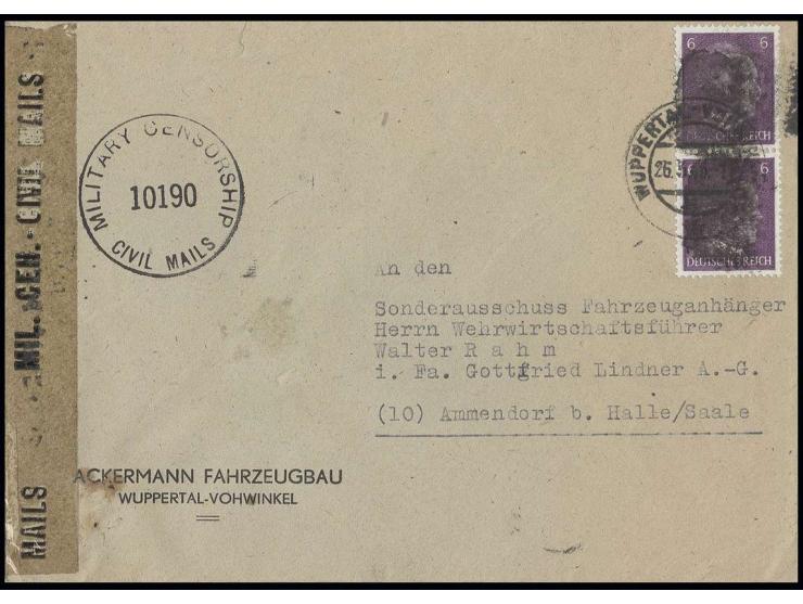 Hitler 6 Pfg. (Paar) geschwärzt auf Firmenbrief von "WUPPERTAL-VOHWINKEL 26.3.45" nach Ammendorf bei Halle/Saale mit US-Zensu