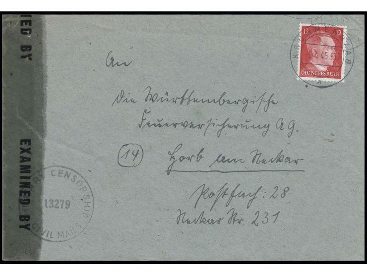 Hitler 12 Pfg. auf Firmenbrief von "KRUMMENAAB 5.4.45" nach Horb am Neckar mit US-Zensur (13279 + Verschluß), tadellos