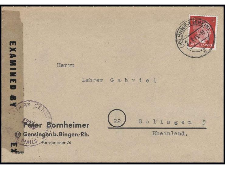 Hitler 12 Pfg. auf Firmenbrief von "BINGEN 30.3.45" nach Solingen mit US-Zensur (12349 + Verschluß), tadellos