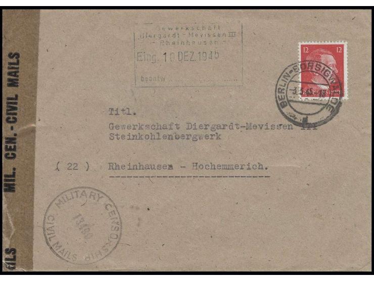 Hitler 12 Pfg. auf Firmenbrief von "BERLIN-BORSIGWALDE 3.3.45" nach Rheinhausen-Hochemmerich mit US-Zensur (13490 + Verschluß