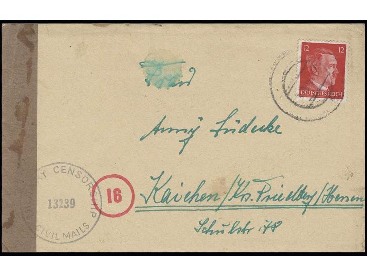 Hitler 12 Pfg. mit stummem DKr. "3.III.45" auf Brief von "RAADSDORF" mit US-Zensur (13239 + neutralem braunen Verschluß) nach