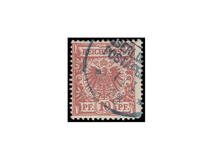 10 Pfg. lebhaftrosarot (unten rechts leicht eckrund), entwertet mit dem blauen Ersttagsstempel "TIENTSIN 1.4.93" (Dr. Steuer 