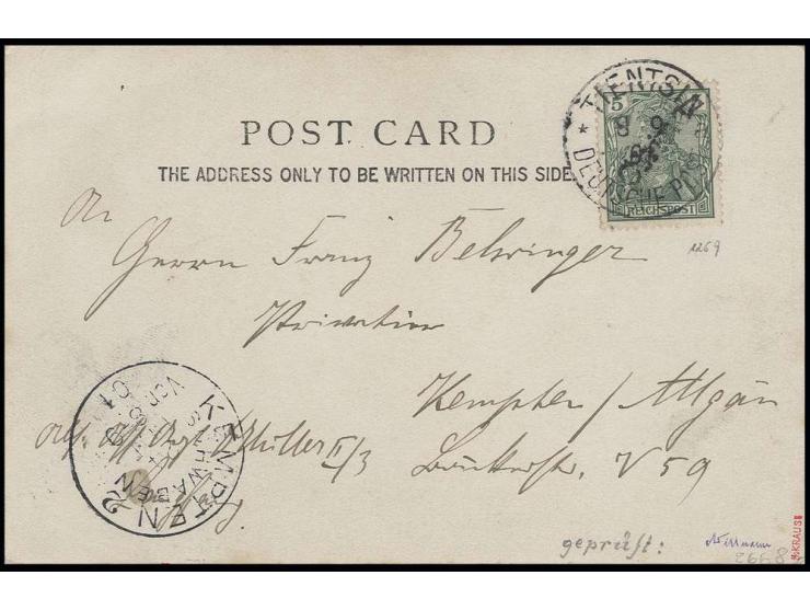  5 Pfg. mit Stempel "TIENTSIN 8 9 01" auf Karte nach Kempten, Pracht, sign. Krause und Willmann