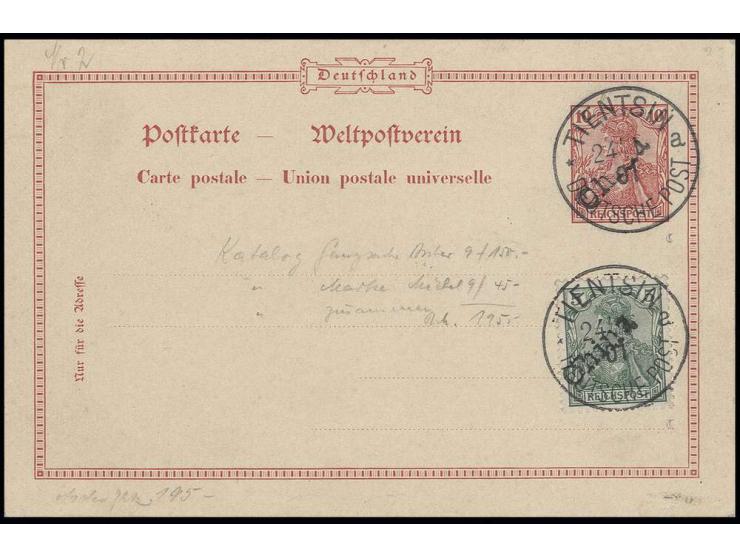 5 Pfg. mit Stempel "TIENTSIN 24/1 01" auf Ganzsachenkarte 10 Pfg mit Handstempelaufdruck, diese unten minimal berieben und rü