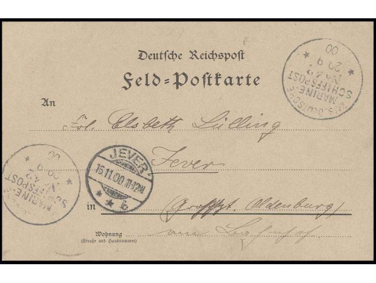 SCHIFFSPOST: 1900, "MSP No. 42 / 29.9.00" (SMS Hela) auf Feldpostkarte, datiert "Taku 29 Sept. 00" nach Jever mit Ankunftsste