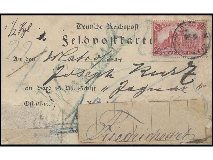 1 M. mit Stempel "SPA....25.9.00" als Gebühr für ein Feldpost-Paket auf entsprechendem Feldpostkarten-Formular an einem Matro