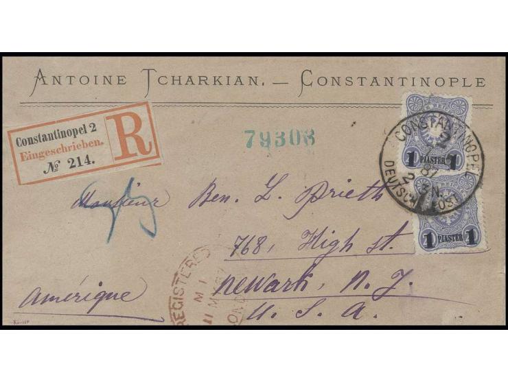 1884, 1 Pia. auf 20 Pfg., Aufdruck blauschwarz, 2 Einzelwerte mit Stempel "CONSTANTINOPEL 2 7 5 87" auf Bedarfs-R-Brief nach 