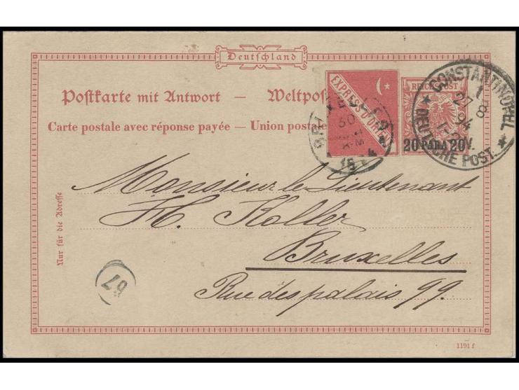 GANZSACHEN: 1891, Doppelkarte 20 Para, gestempelt "CONSTANTINOPEL 1/27.8.94" nach Brüssel mit beigeklebt seltener roter Orien