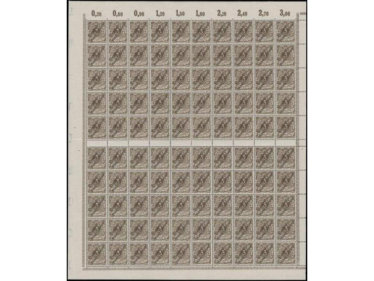 1897, 3 Pfg. dunkelockerbraun im Bogen von 100 Marken mit 3 Stück Plattenfehler I und allen 4 Aufdruckfehlern, postfrisch, me