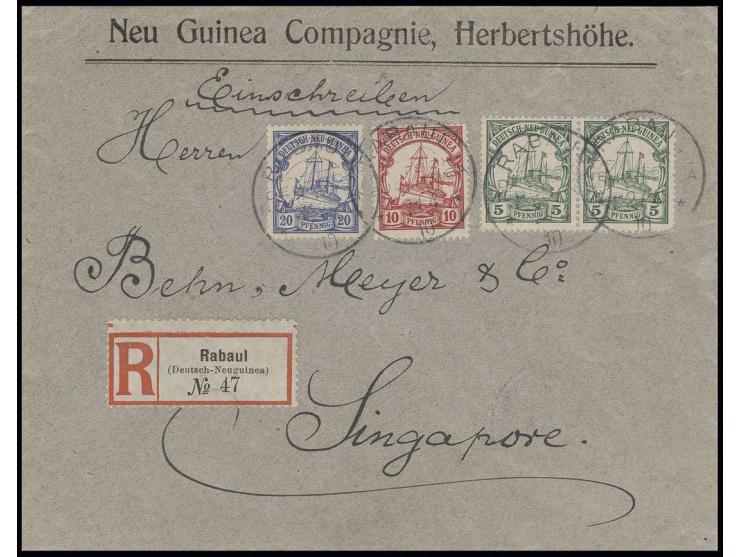 1900, ohne Wasserzeichen: 5 Pfg. im waagerechten Paar mit 10 und 20 Pfg., gestempelt "RABAUL DNG 2.4.10" als portogerechte Fr