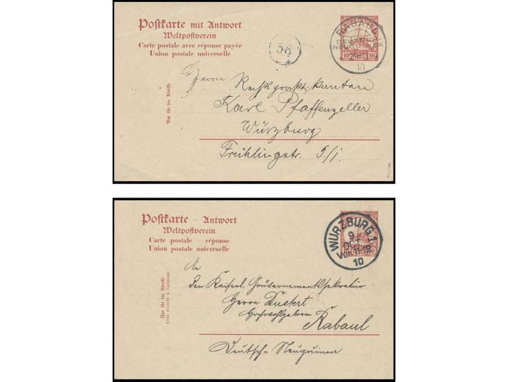 1907, Doppelkarte 10 Pfg., Frage- und Antwortteil, getrennt hin- und hergelaufen von "RABAUL 29/1 10" nach Würzburg und von "