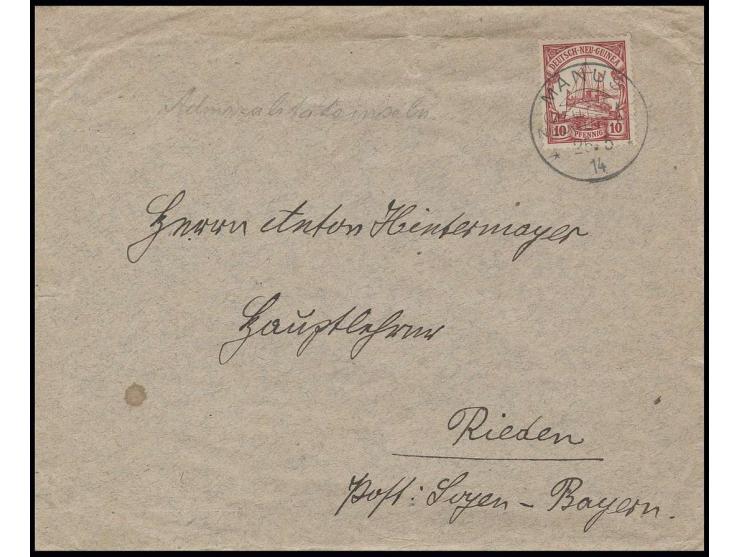 STEMPEL:  "MANUS DNG 25.5.14", klar auf Brief mit Kaiseryacht 10 Pfg. nach Rieden, Bayern, Umschlag im Rand mit Beförderungss