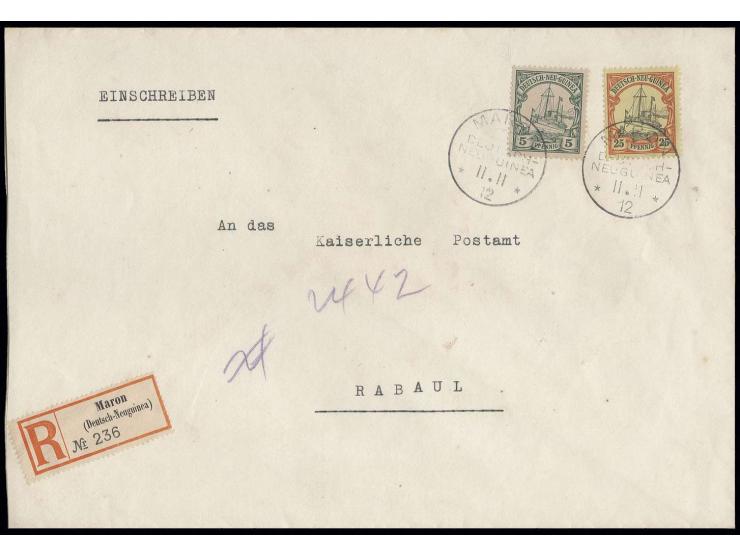 "MARON DNG 11.11.12", 2mal klar auf Einschreibe-Brief mit Kaiseryacht 25 und 5 Pfg. sowie gez. R-Zettel nach Rabaul mit Ankun