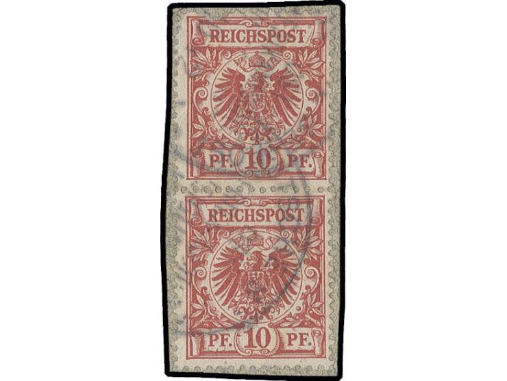 Vorläufer: 10 Pfg. lebhaftrosarot im senkrechten Paar, dabei die untere Marke mit Plattenfehler "links im Wertschild", die ob