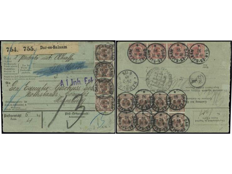 50 Pfg. lebhaftrötlichbraun im waagerechten 4er-Streifen und 8er-Block sowie 10 Pfg. lebhaftrosarot im senkrechten 4er-Streif
