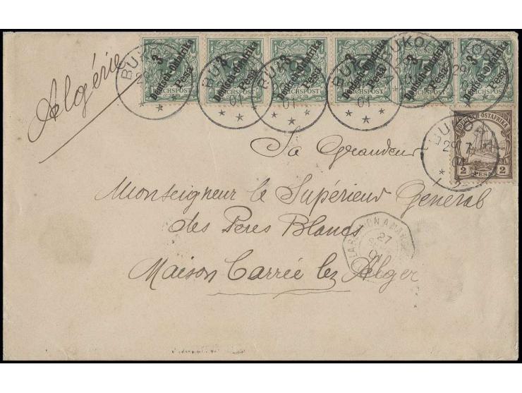 1896, 3 P., 6 Werte als Streifen geklebt und 1901, 2 P. mit Stempel "BUKOBA 29.7.01" auf Brief via Daressalaam nach Misson Ca