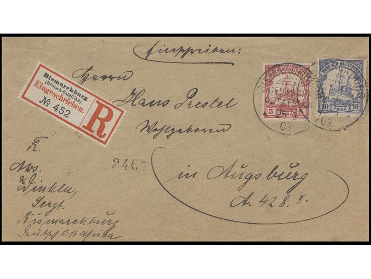 10 P. mit Plattenfehler "Bruch im Oberrand über C in DEUTSCH" und 5 P. mit Stempel "BISMARCKBURG DOA 25.5.03" auf Einschreibe