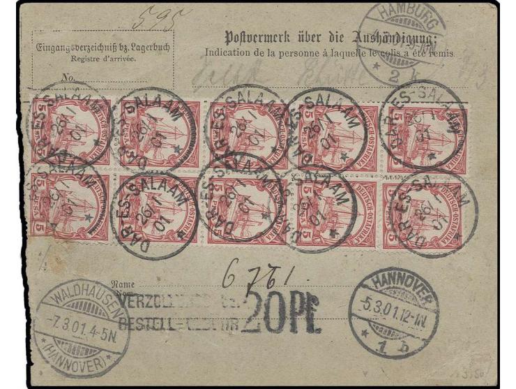 1 R.,  5 P. (9er-Block und Einzelstück rückseitig, 1 Wert Mängel) und 2 P. im senkrechten 3er-Streifen mit Stempel "DAR-ES-SA