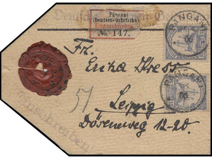1905, ohne Wasserzeichen: 15 H., 2 Stück mit Stempel "PAGANIA 25.4.06" auf Einschreibe-Kartonanhänger für eine schwere Drucks