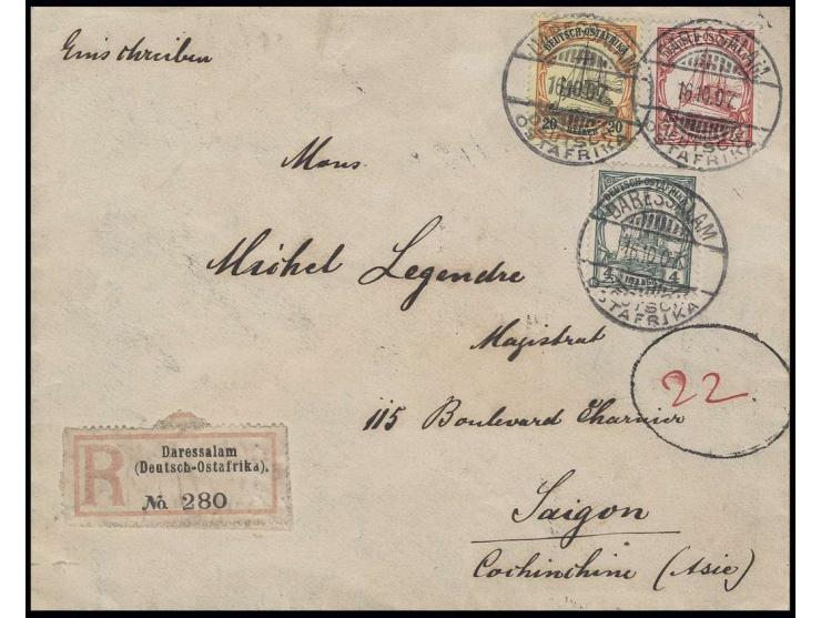 20 H. und mit Wz. 4 und 7 ½  H. mit Stempel "DARESSALAM DOA 16.10.07" auf Einschreibe-Brief via Aden und Colombo nach Saigon 