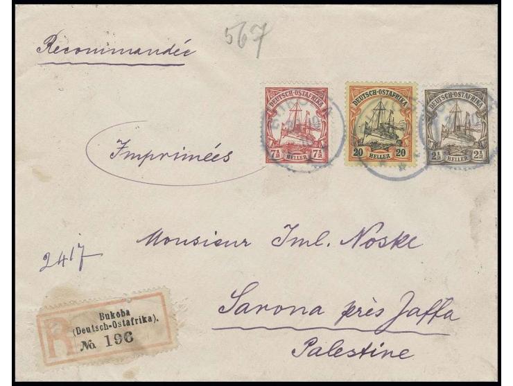 20 H., 7 1/2 H. und 2 1/2 H. mit Stempel "BUKOBA 30.10.10" auf  eingeschriebenem Drucksachenumschlag via Mombasa und Port Sai