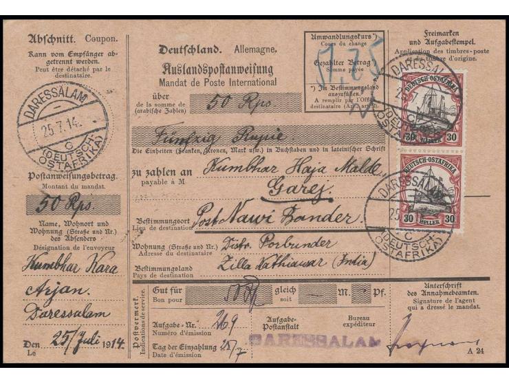 30 H. im senkrechten Paar mit Stempel "DARESSALAM DOA c 25.7.14" auf kompletter Auslandspostanweisung nach Indien, infolge de