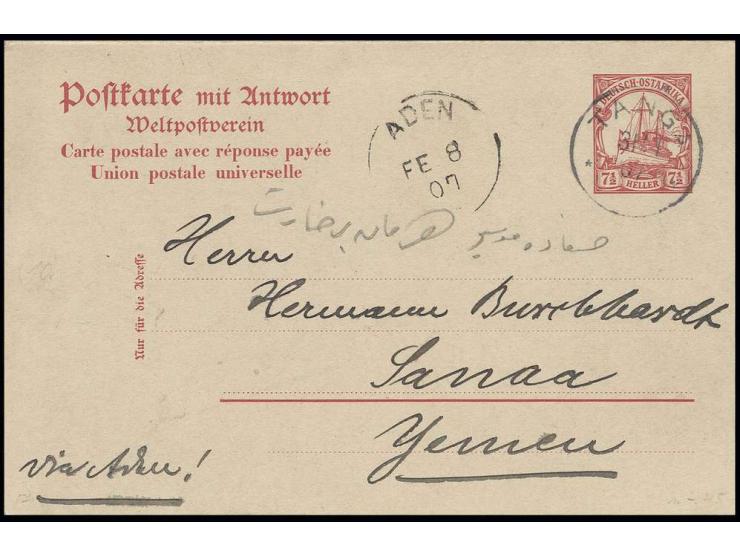 GANZSACHEN: 1905, Doppelkarte 7 1/2 H.  von "TANGA 31.1.07" mit viel Text via Aden nach Sanaa, Yemen, gute Erhaltung, seltene