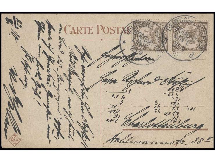 STEMPEL: "DSP BOMBAY LINIE d 25.9.10" (Dampfer Sultan), 2 klare Abschläge auf Ansichtskarte mit senkrechtem Paar Kaiseryacht 