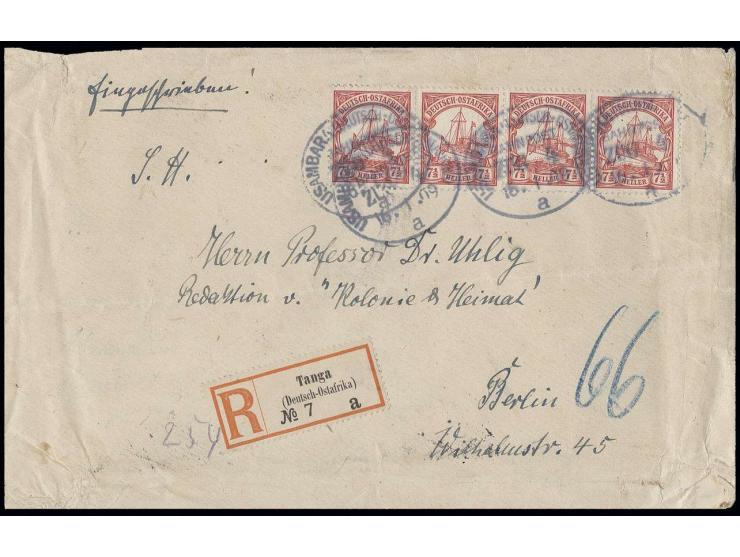 "USAMBARA (DEUTSCH-OSTAFRIKA) BAHNPOST ZUG 4 a 16.1.09", 4 recht klare Abschläge auf Einschreibe-Brief mit waagerechtem 4er-S