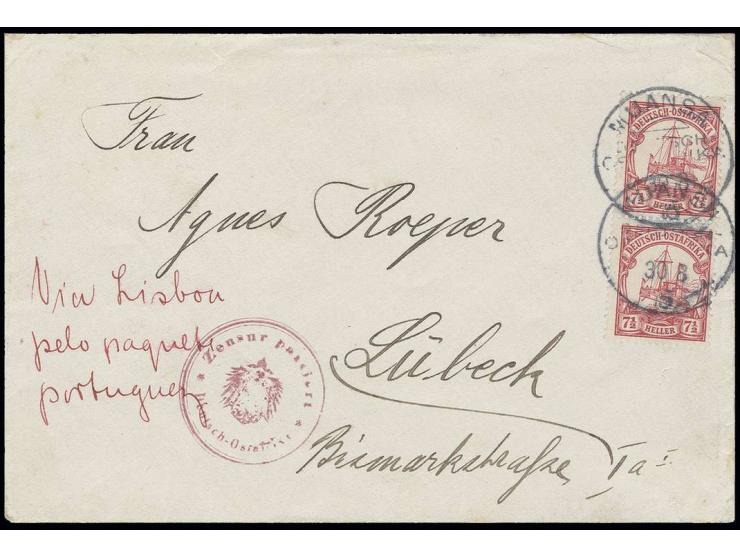 ZENSURPOST: 1915, "Zensur passiert DOA", roter Rundstempel auf Brief von "MUANSA DOA 30.8.15" mit senkrechtem Paar 7 1/2 H. u