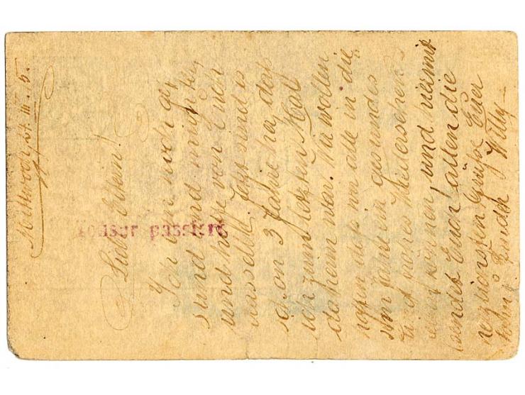 "Zensur passiert", violetter L1 rückseitig auf bedarfsgebrauchter Ganzsachenkarte 4 H. mit viel Text von einem Angehörigen de