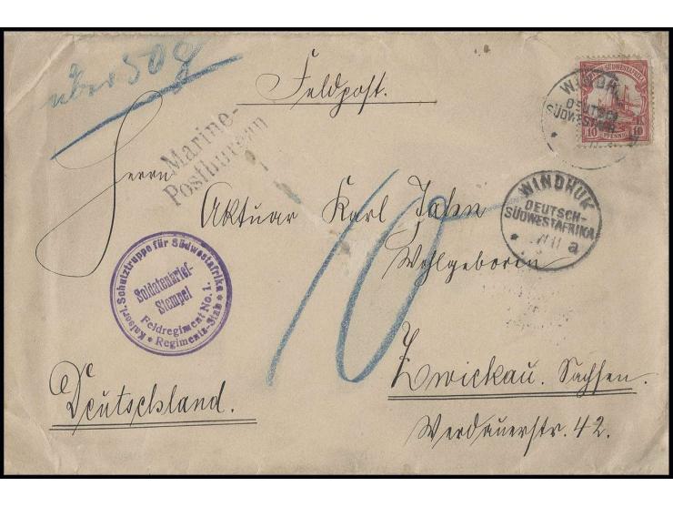 1901, ohne Wasserzeichen: 10 Pfg. mit Stempel "WINDHUK DSWA 27.11.05" auf unterfrankiertem Feldpost-Brief mit Briefstempel de