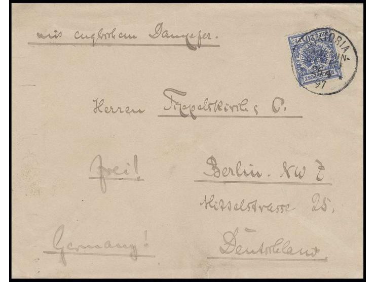 20 Pfg. violettultramarin, klar gestempelt "VIKTORIA 26 04 97" und handschriftlichem Leitvermerk "mit englischem Dampfer" auf