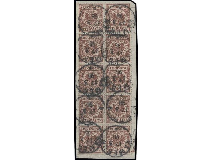 50 Pfg. lebhaftrötlichbraun im senkrechten 10er-Block, jeder Wert mit vollem Stempel "KAMERUN 17 3 98" auf Leinen-Briefstück,