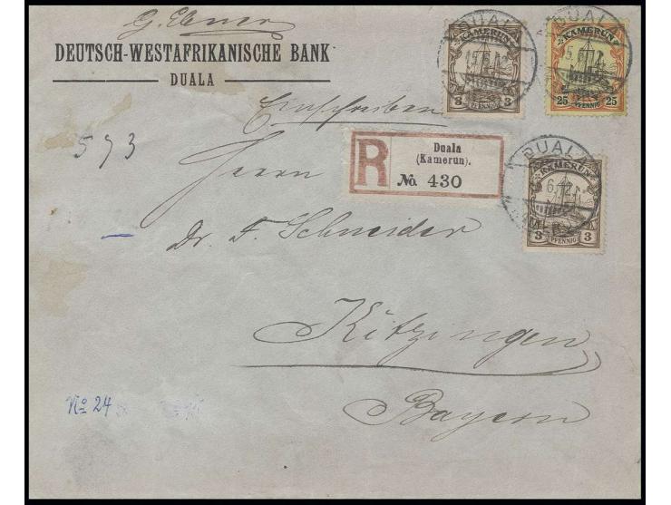 1900, ohne Wasserzeichen: 3 Pfg. (2) und 25 Pfg. auf Bank-R-Brief von "DUALA 15.6.12" nach Kitzingen, vorderseitige Fremdbesc