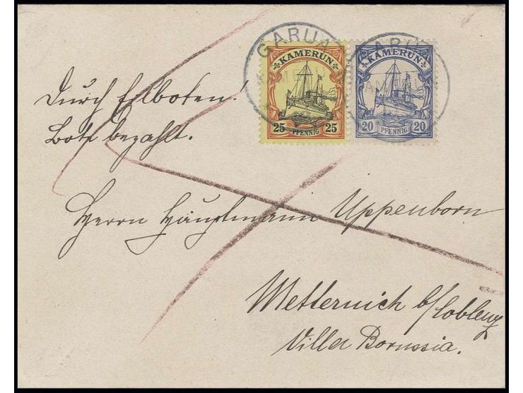 25 und 20 Pfg. mit Stempel "GARUA KAMERUN 1.5.08" auf Eilboten-Brief nach Metternich mit Ankunftsstempel, Pracht