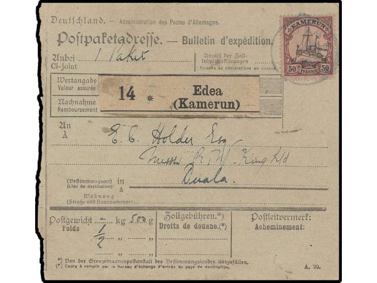 50 Pfg. mit Stempel "EDA KAMERUN ...13." auf Paketkarte nach Duala mit Ankunftsstempel vom 1.7.13, Marke mit kleiner Druckste