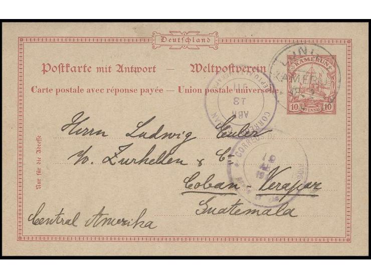 GANZSACHEN: 1900, Karte 10 Pfg. mit Stempel "LONGJI KAMERUN 18.2.11" und Text nach Coban, Guatemala mit Ankunftsstempel, Prac