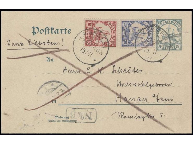 1904, Karte 5 Pfg. mit Zufrankatur 10 und 20 Pfg. als Eilboten-Karte von "KUSSERI KAMERUN 15.11.07" mit viel Text nach Hanau 