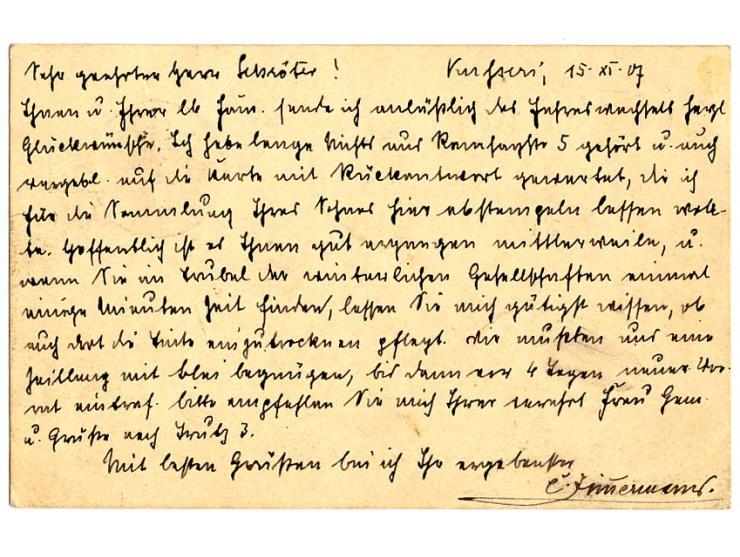 1904, Karte 5 Pfg. mit Zufrankatur 10 und 20 Pfg. als Eilboten-Karte von "KUSSERI KAMERUN 15.11.07" mit viel Text nach Hanau 