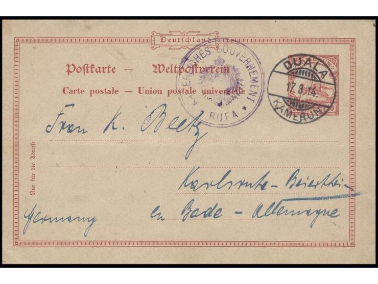 ZENSURPOST: 1914, "KAISERLICHES GOUVERNEMENT BUEA", Dienstsiegel in violett als Zensur auf Ganzsachenkarte 10 Pfg. von "DUALA