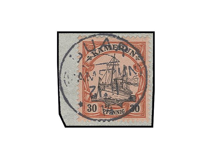 STEMPEL: "BUAR KAMERUN 12.11.14" (Tagesziffer kopfstehend), klar und kpl. auf Briefstück mit Kaiseryacht 30 Pfg., Kabinett, s