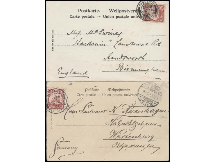  "PAQUEBOT LIVERPOOL OC.6.01" und "PAQUEBOT PLYMOUTH JU.24.04", Fremdentwertungen auf 2 Ansichtskarten mit jeweils Kaiseryach